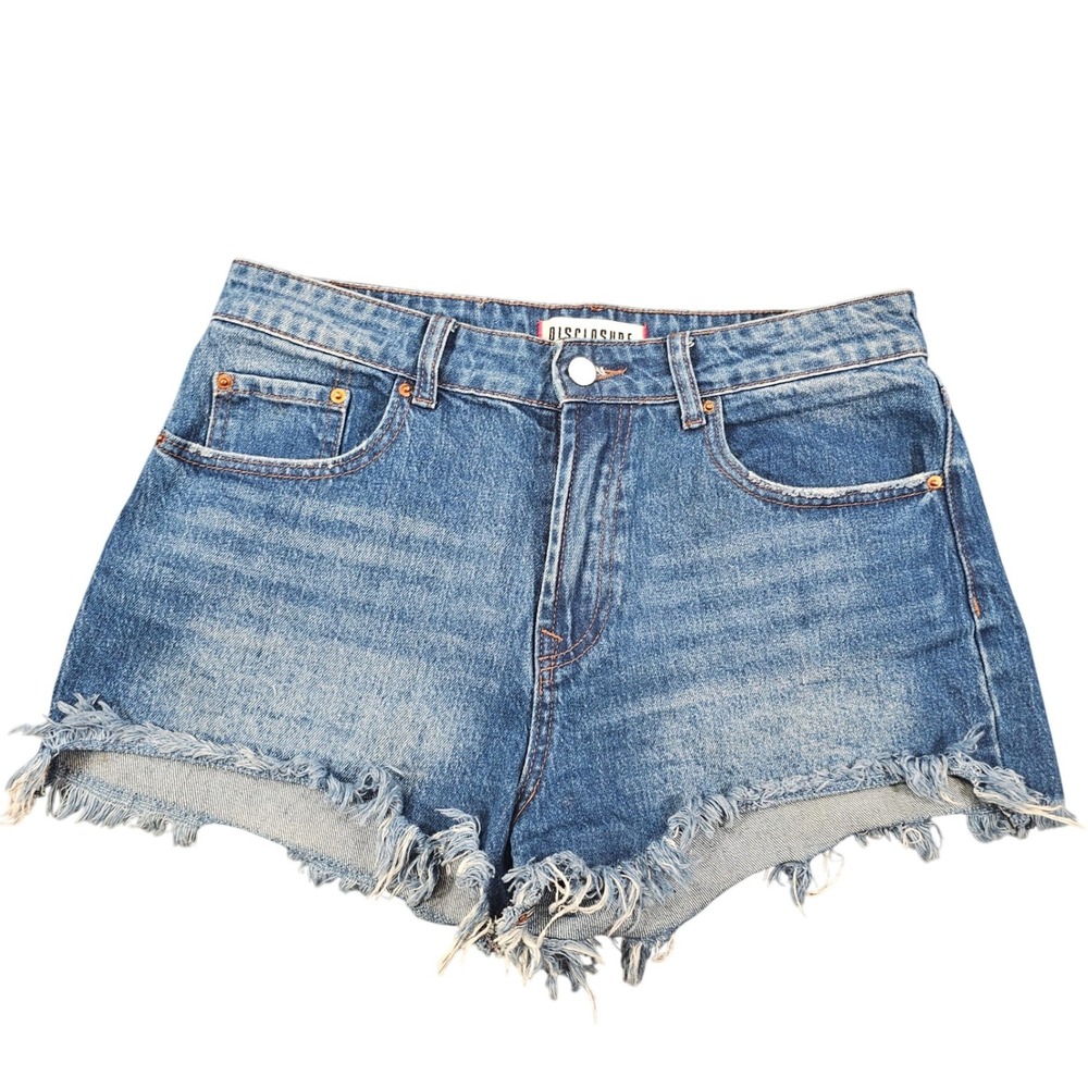 Disclosure High Waisted Denim Shorts‎ Medium Wash Raw Fringe Hem Size 9 29